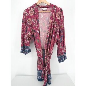 In Bloom by Jonquil Robe Womens M/L Pink Floral Paisley Kimono Tie Waist